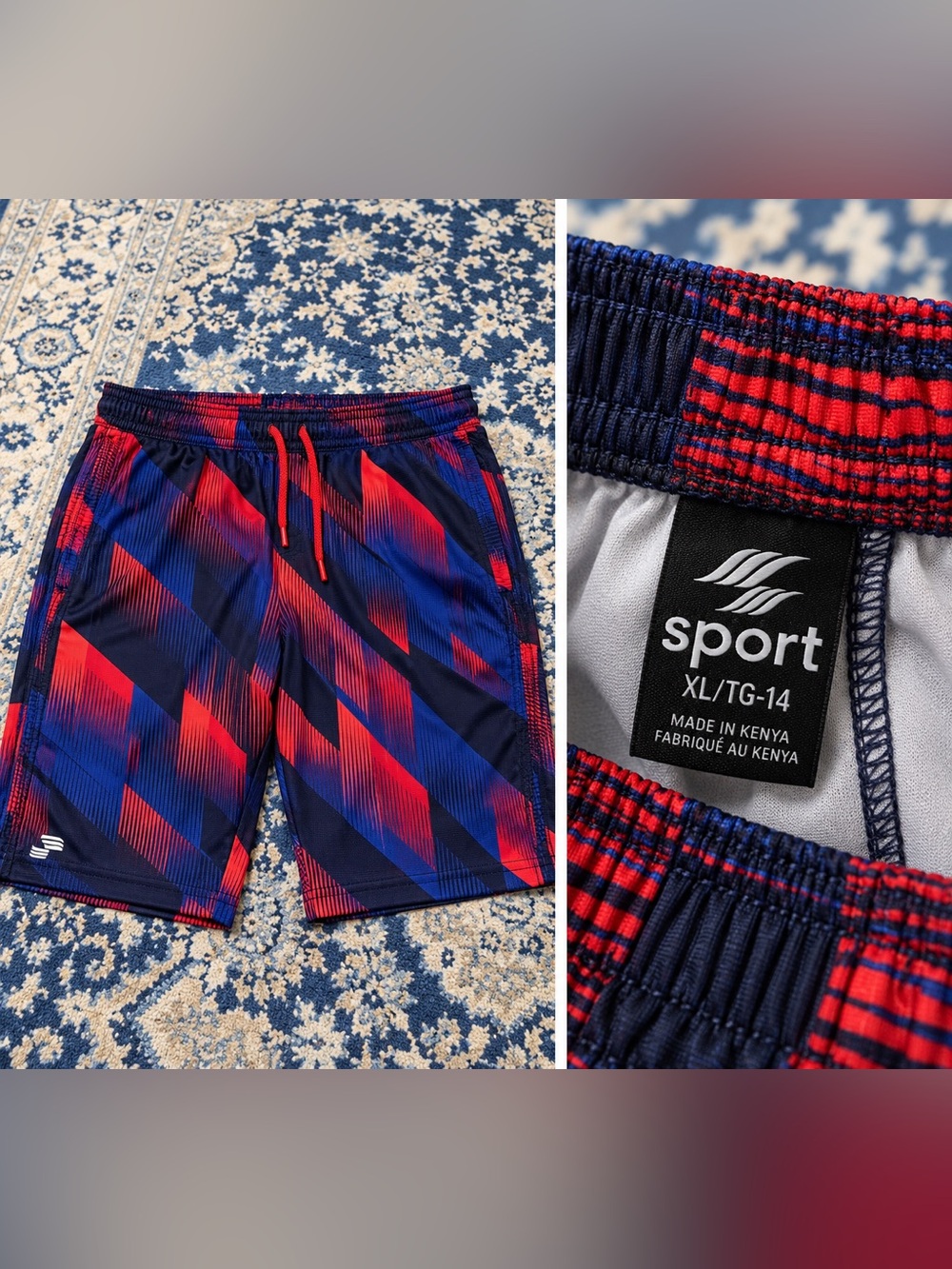 Sporto Navy and Red Men's Athletic Shorts with Geometric Stripe Design